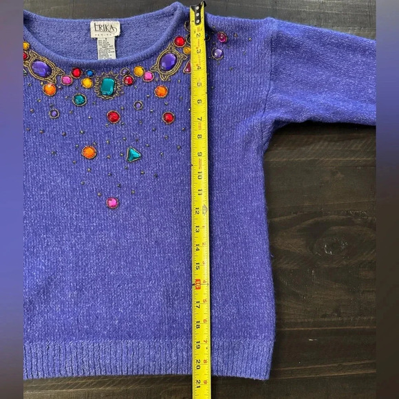 Vintage Erika Petite Knit Sweater Purple Gemstone Beaded Mardi Gras Party Small - Picture 5 of 7